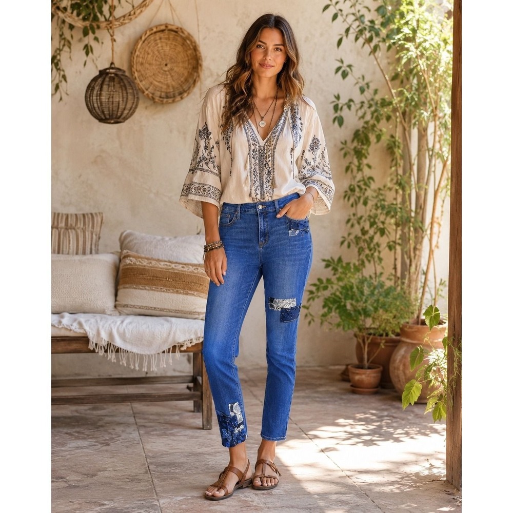 Chicos So Slimming Girlfriend Slim Leg Ankle Jeans Patchwork Embroidery Blue 1R